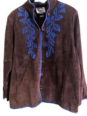 Vintage Brown Suede Jacket with Blue Embroidered Trim